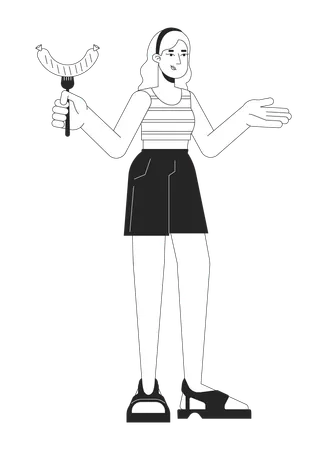 White Woman With Grilled Sausage Black And White 2 D Line Cartoon Character Bbq Meal Caucasian Female At Barbeque Isolated Vector Outline Person Outdoor Party Monochromatic Flat Spot Illustration イラスト