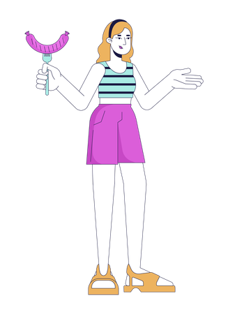 White woman is eating grilled sausage  Illustration