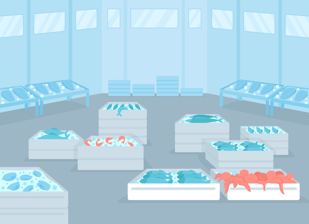 Wholesale seafood facility flat color vector illustration Illustration