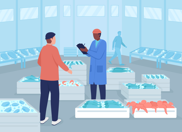 Wholesale seafood market flat color vector illustration Illustration