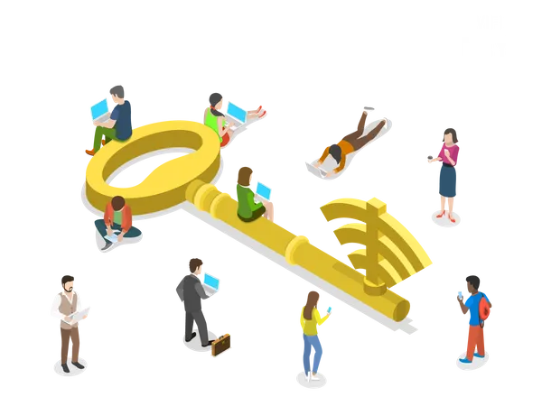 WIFI Key Access Flat Isometric Vector Concept A Metal Key With Wi Fi Symbol On It Surrounded By The People With Gadgets Illustration