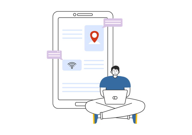 Wi-Fi 네트워크를 사용하는 동안 노트북 작업을 하는 남자  일러스트레이션