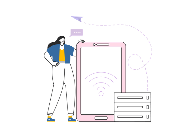 소녀는 모바일 Wi-Fi 네트워크를 사용합니다.  일러스트레이션