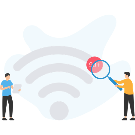 Wi-Fi signal analysis with two men searching network connection using magnifying glass and tablet computer for internet technology data research and wireless communication Illustration
