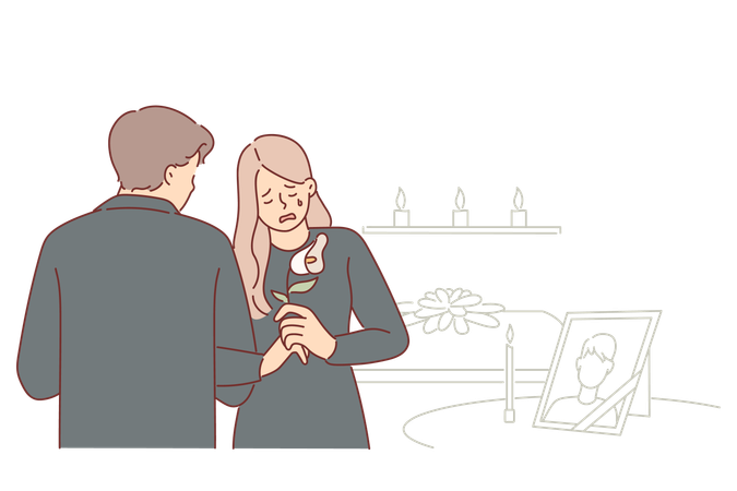 Widow woman cries at funeral standing near table with portrait of deceased husband at mourning event  イラスト