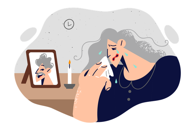 Widow woman is crying standing near portrait of deceased husband and wiping tears from face  Illustration