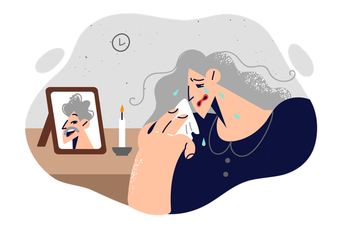 Widow woman is crying standing near portrait of deceased husband and wiping tears from face  イラスト