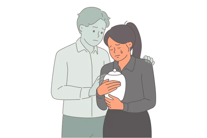 Widow woman mourns death of husband and holds urn with ashes  Illustration