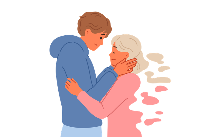 Widower man hugging ghost girl and refuses to believe in end relationship  Illustration