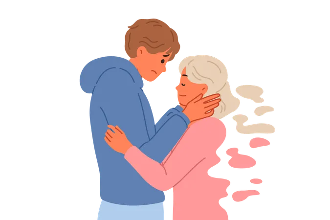 Widower man hugging ghost girl and refuses to believe in end relationship  Illustration