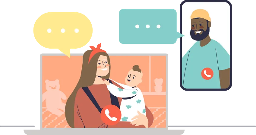 Family Video Call With Parents And Kid Talking On Online Conference Using Internet And Gadgets Online Virtual Communication Via Laptop And Smartphone Cartoon Flat Vector Illustration Illustration