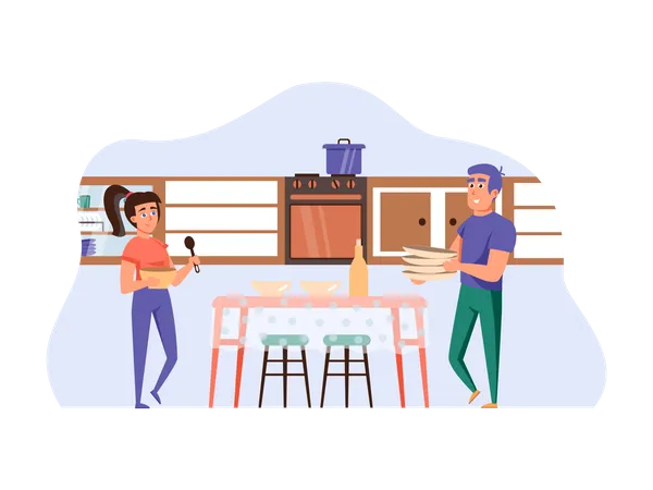 Wife cooking food and husband helping clean dining table Illustration