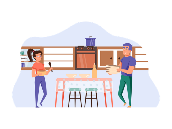 Wife cooking food and husband helping clean dining table  Illustration