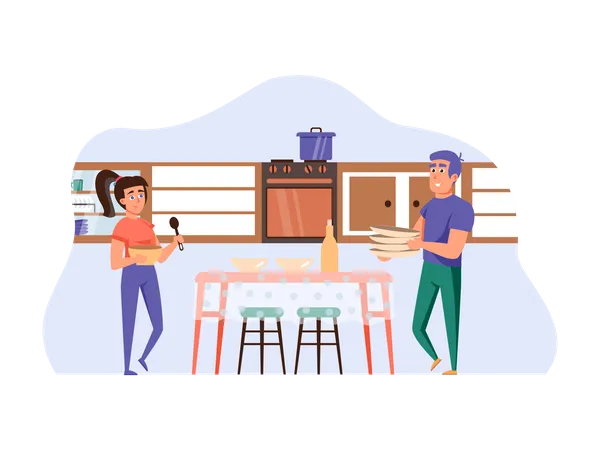 Wife cooking food and husband helping clean dining table  Illustration