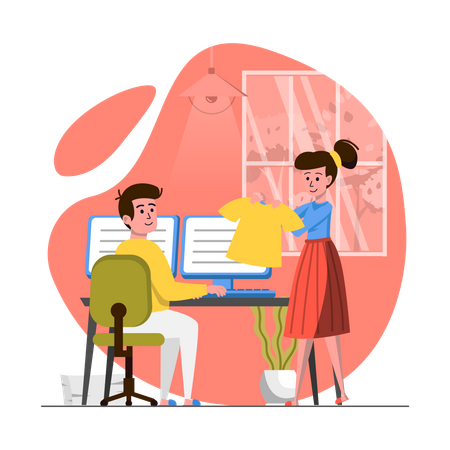 Wife disturbing husband while work from home  Illustration