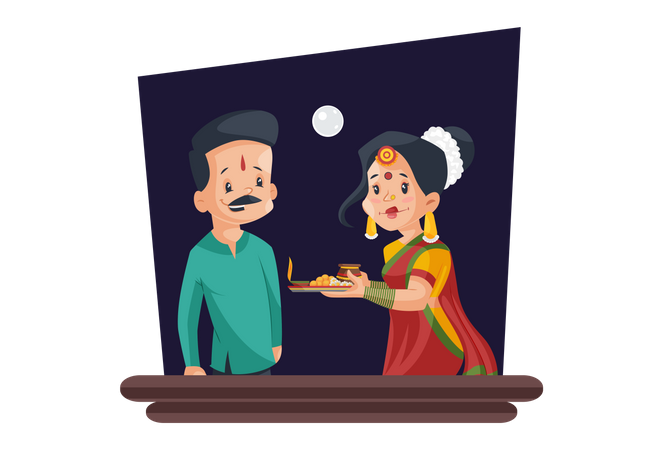 Wife doing ritual of worship in front of her husband  Illustration