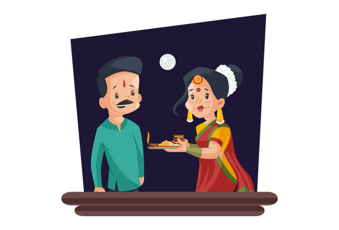 Wife doing ritual of worship in front of her husband Illustration