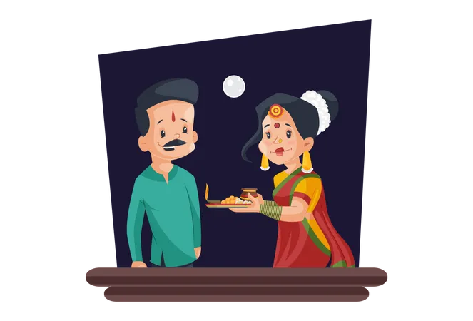 Wife doing ritual of worship in front of her husband  Illustration
