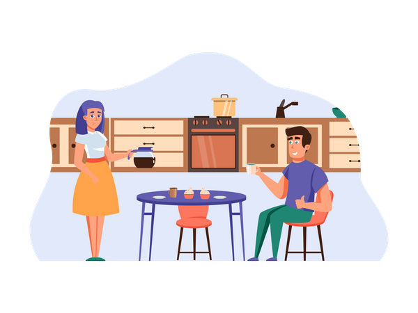 Wife giving coffee to husband  Illustration