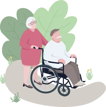 Wife helping disabled husband Illustration