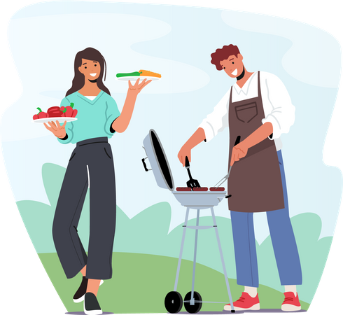 Wife helping husband in cooking barbeque  Illustration