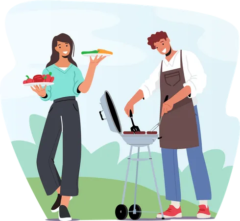 Wife helping husband in cooking barbeque  Illustration