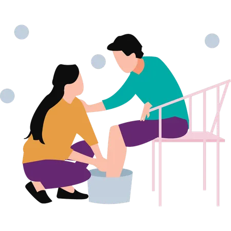 Wife is washing her husband's feet  Illustration