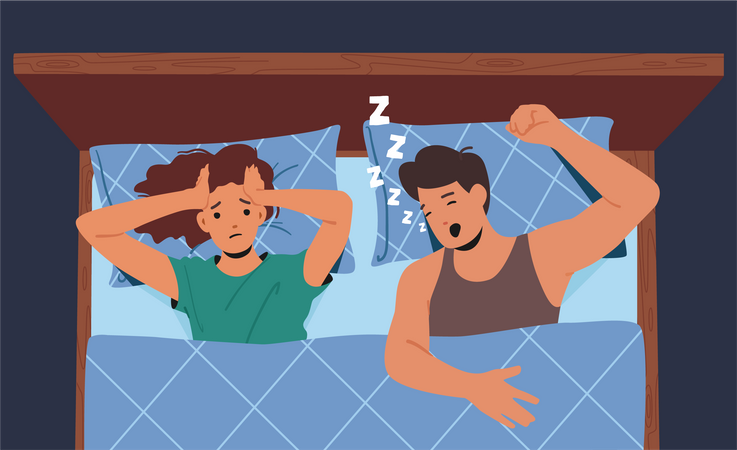 Wife unable to sleep due to husband snoring  Illustration