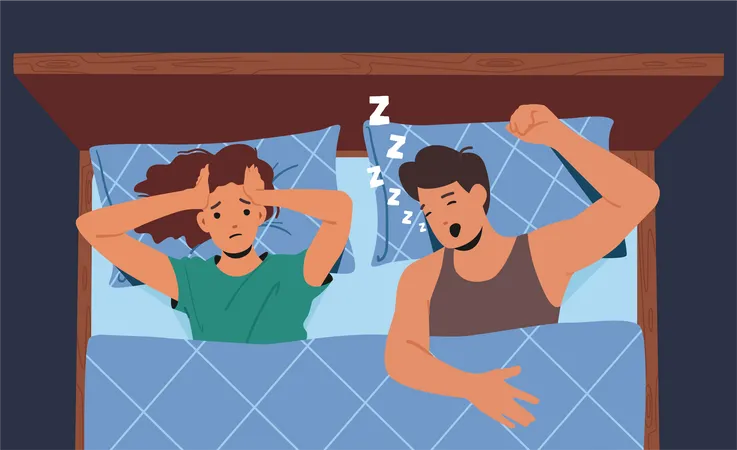 Wife unable to sleep due to husband snoring Illustration