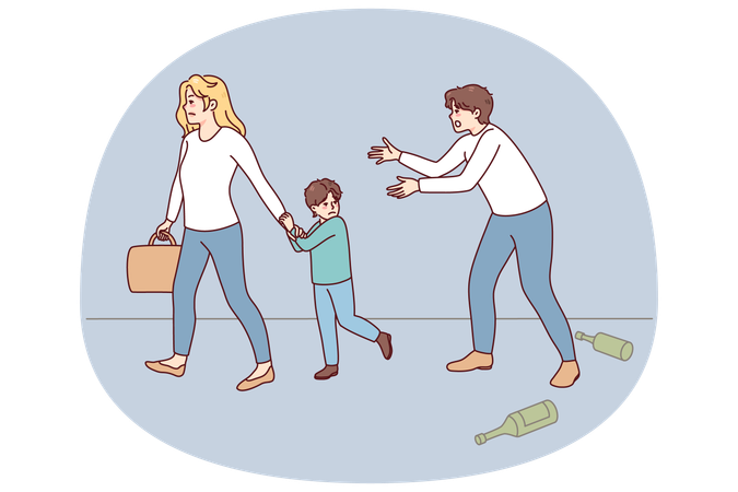 Wife with child leaving alcoholic husband  Illustration