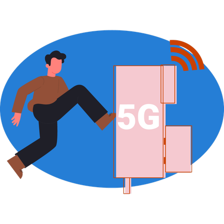 WIFIモデムの近くを走る少年  イラスト