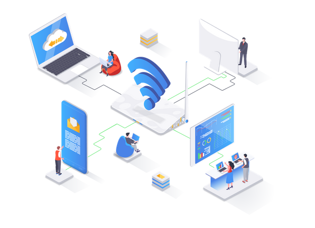 Comunicação de rede WiFi, conceito de isometria de compartilhamento de Internet  Ilustração