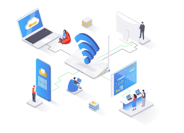 Comunicação de rede WiFi, conceito de isometria de compartilhamento de Internet  Ilustração