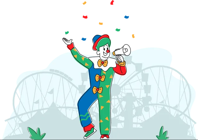 Wig and Neck Tie Yelling in Loudspeaker in Amusement Park  Illustration