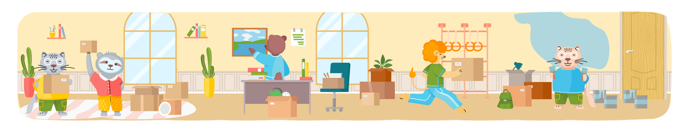 Wild and domestic animal moving to new house with things Illustration