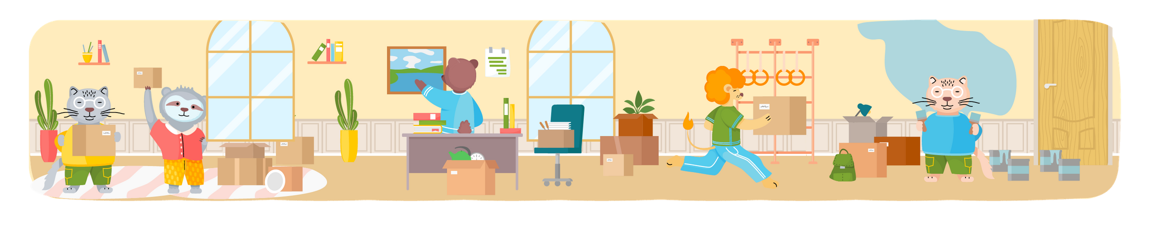 Wild and domestic animal moving to new house with things  Illustration