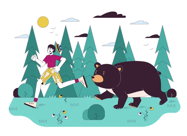 Wild Animal Encounter Line Cartoon Flat Illustration Asian Woman Running Away From Angry Bear 2 D Lineart Characters Isolated On White Background Danger Of Wild Nature Scene Vector Color Image Illustration
