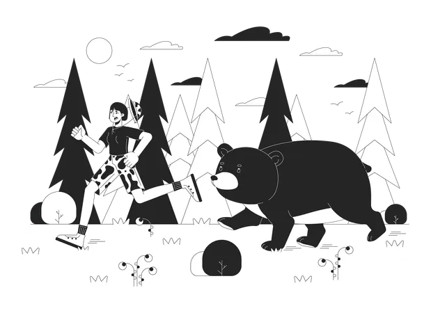 Wild Animal Encounter Black And White Cartoon Flat Illustration Asian Woman Running Away From Angry Bear 2 D Lineart Characters Isolated Danger Of Wild Nature Monochrome Scene Vector Outline Image Illustration