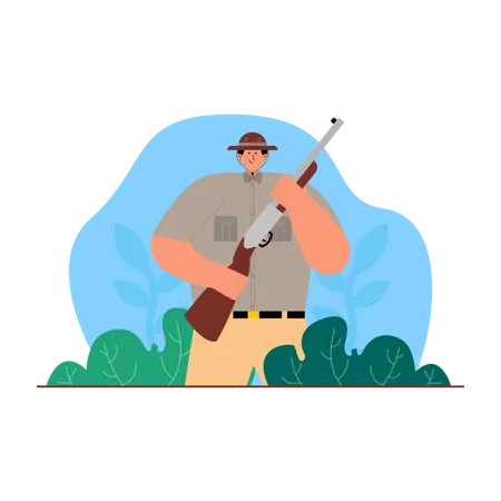 Wild hunter holding rifle in jungle  Illustration