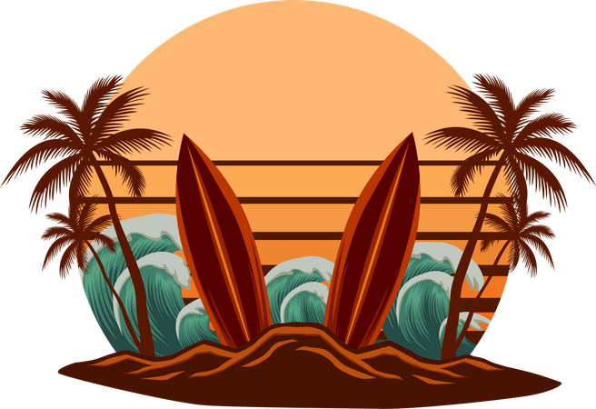 Wild surfing waves surfing island  Illustration