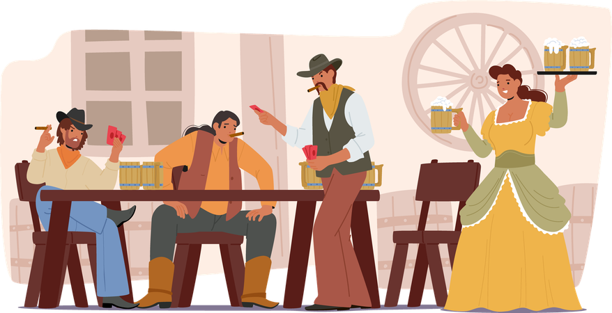 Wild West Saloon Featuring People Enjoying Drinks  Illustration