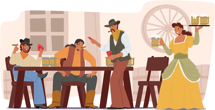 Wild West Saloon Featuring People Enjoying Drinks  Illustration