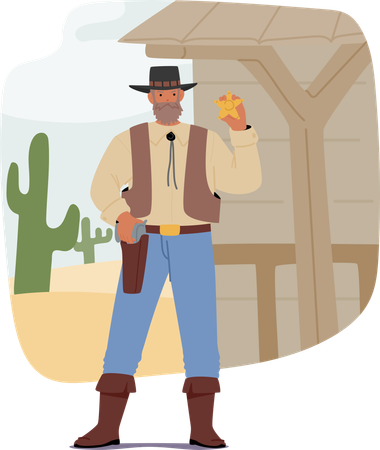 Wild West Sheriff Standing Confidently With Badge In Hand In Front Of  Rustic Saloon Building  Illustration