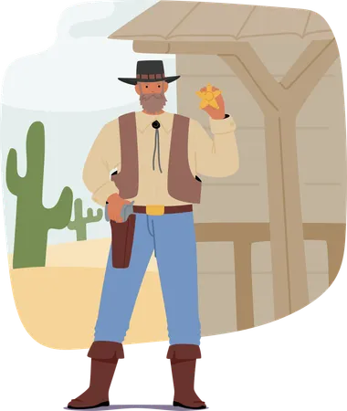 Wild West Sheriff Standing Confidently With Badge In Hand In Front Of  Rustic Saloon Building  Illustration