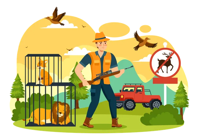 Illegal Hunting Vector Illustration By Shooting Taking Wild Animals And Plants To Sell In Flat Cartoon Background Design Illustration