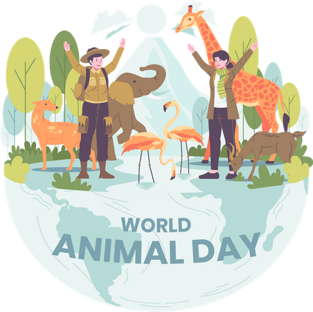 Wildlife sanctuary workers celebrating world animal day  イラスト