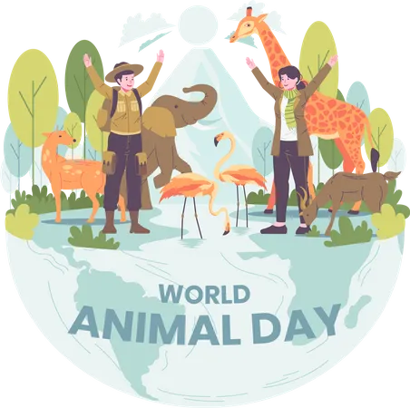 Wildlife sanctuary workers celebrating world animal day  Illustration