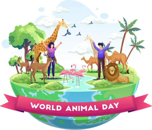 Wildlife sanctuary workers celebrating world animal day in the forest  Illustration