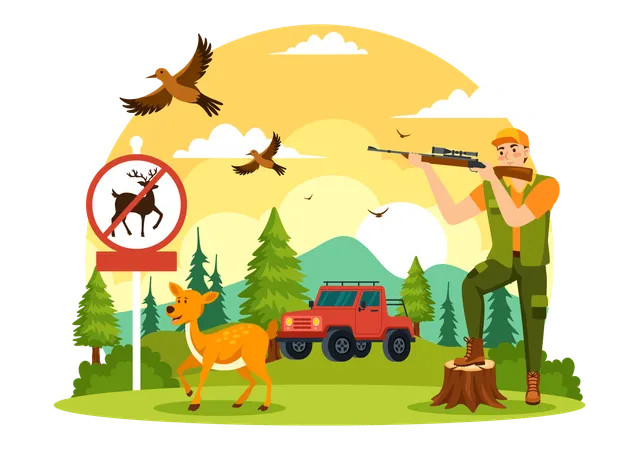 Illegal Hunting Vector Illustration By Shooting Taking Wild Animals And Plants To Sell In Flat Cartoon Background Design Illustration