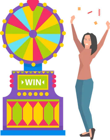 Winner Woman With Rising Hands Standing Near Roulette Game Machine Colorful Wheel Luck Player And Fortune Equipment Successful Lottery Casino Vector Illustration